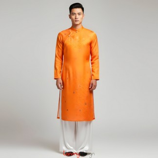 Men-s traditional Vietnamese long tunic in yellow printed fabric